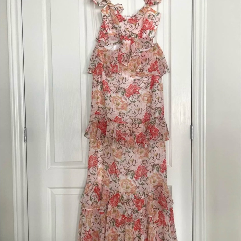 Wayf Pink and Orange Ruffled Tiered Maxi Dress